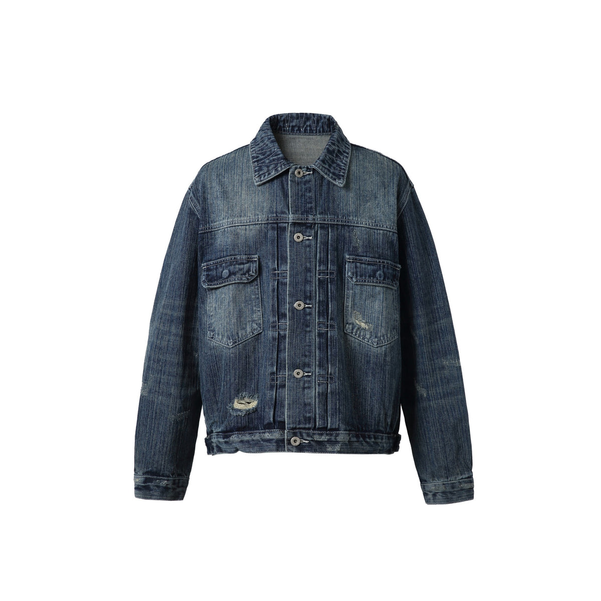 Unisex Oversized Denim Jacket in Vintage Look with Artificial Worn Areas and Chest Pockets EVA-US