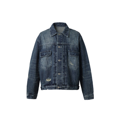 Unisex Oversized Denim Jacket in Vintage Look with Artificial Worn Areas and Chest Pockets EVA-US