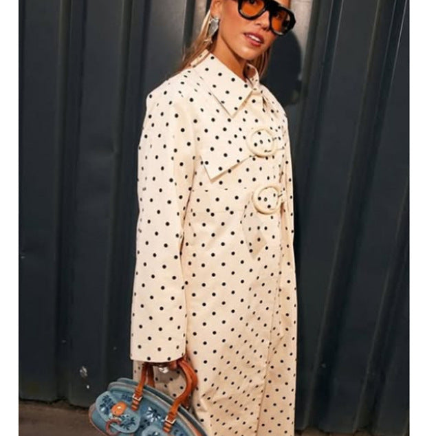 Women's Long Polka Dot Trench Coat with Oversized Lapels and Decorative Eyelets EVA-US