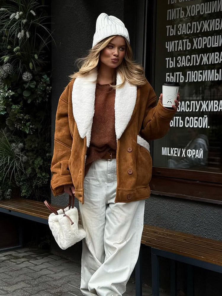 Women's Oversized Faux Shearling Jacket with Large Shawl Collar EVA-US
