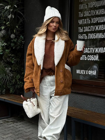 Women's Oversized Faux Shearling Jacket with Large Shawl Collar EVA-US
