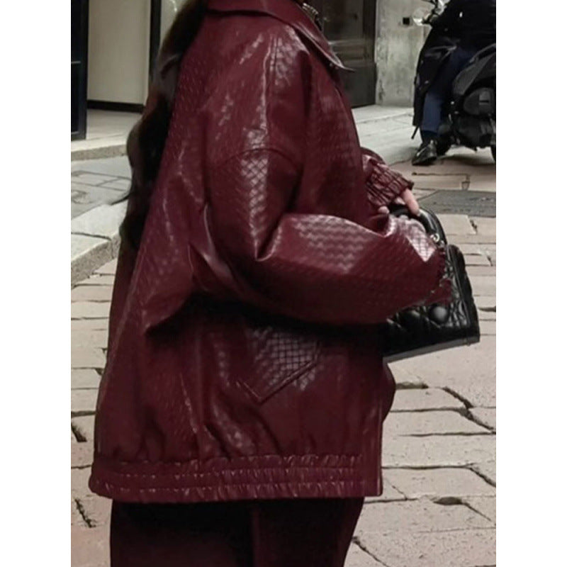 Women's Braided Faux Leather Bomber Jacket in Boxy Cut with Zipper EVA-US