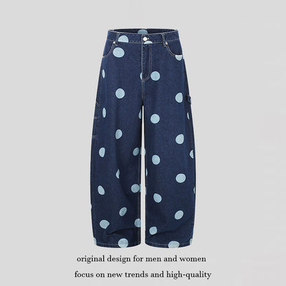 Women High-Waisted Wide Jeans Culotte with Polka Dot Print and Utility Details EVA-US