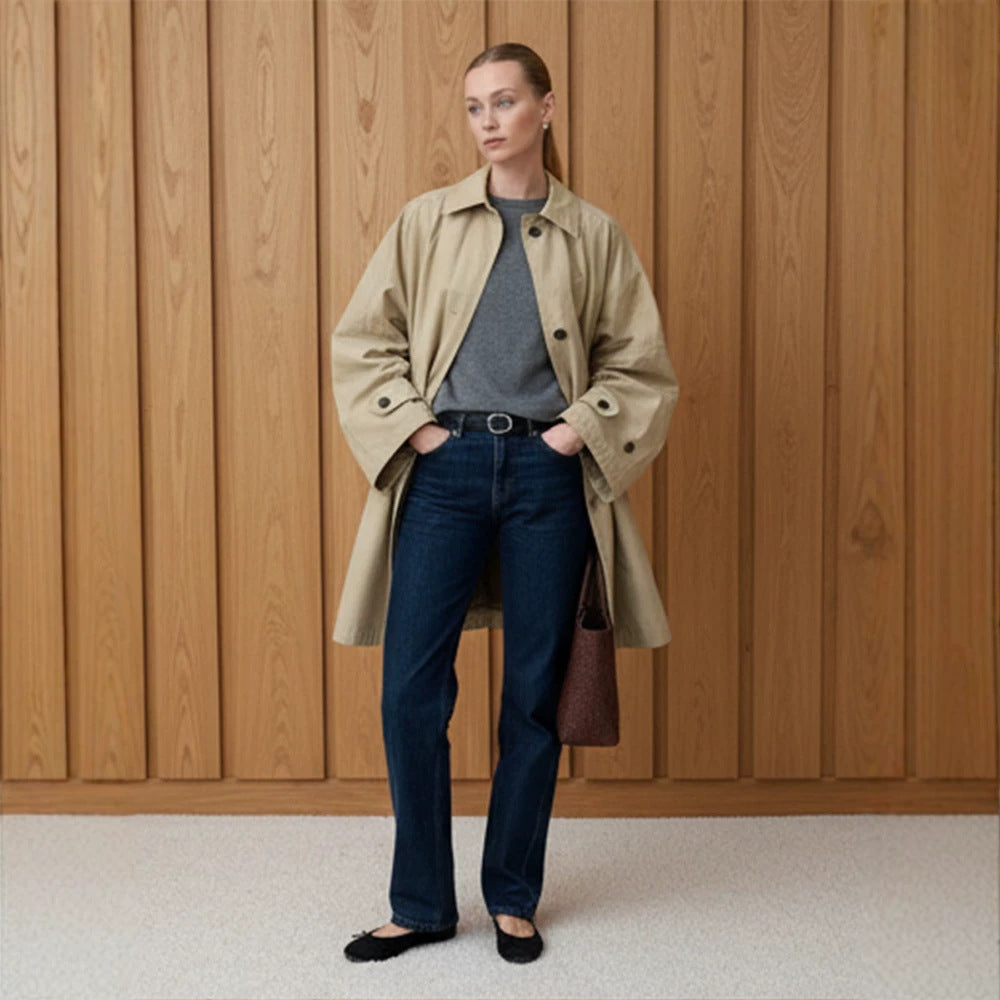 Women's Oversize Cotton Blend Trench Coat with Mid-Length, Straight Cut EVA-US