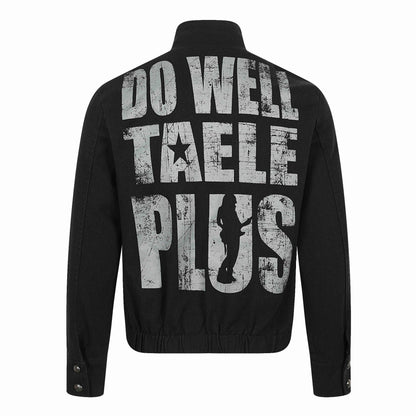 Men's Asymmetrical Blouson Jacket with Stand Collar, Metal Button Trim and Graphic Print EVA-US