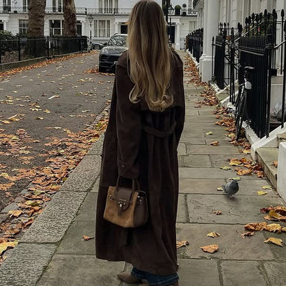 Ladies Long Cut Suede Trench Coat with Oversized Collar and Tie Belt EVA-US