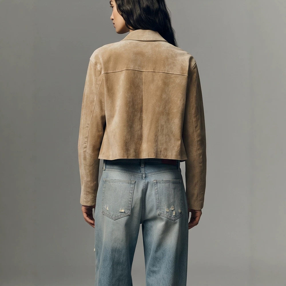 Women Short Suede Jacket in Clean-Cut with Patch Pockets EVA-US