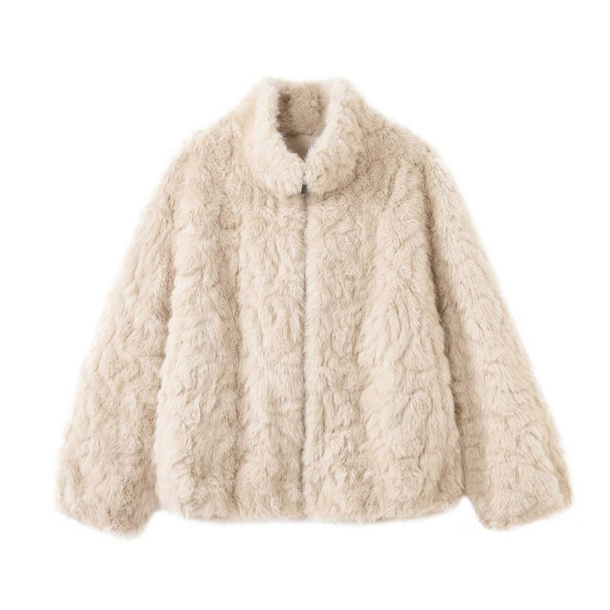 Women's Short Faux Fur Jacket with Stand-up Collar and Zipper EVA-US