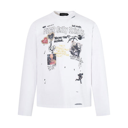 Men's long sleeve shirt with print collage, distressed details and relaxed fit EVA-US