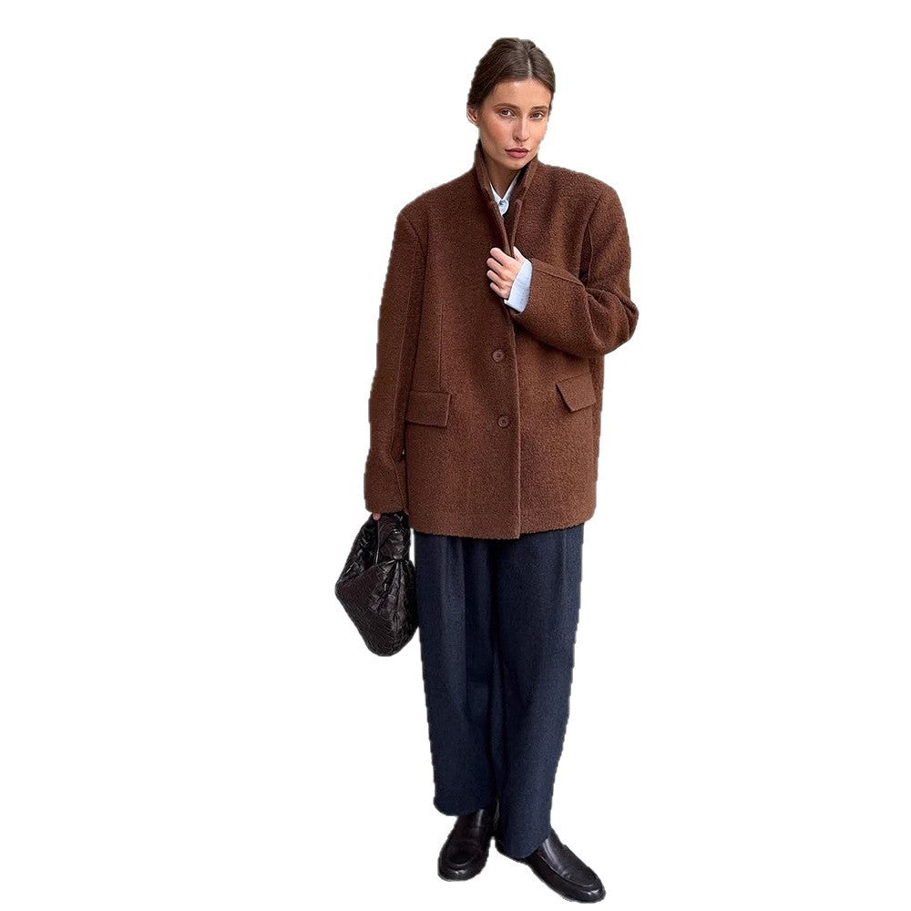 Women Boxy Wool Blend Short Coat with Textured Surface, Notched Collar & Flap Pockets EVA-US