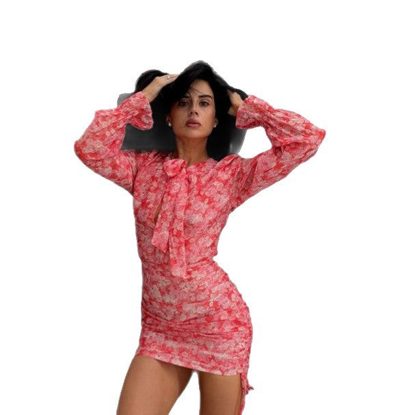Women's Floral Chiffon Mini Dress with Bow Collar, Sheer Volume Sleeves and Side Gathering EVA-US