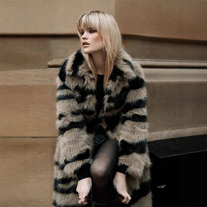 Women's Oversized Faux Fur Coat with Striped Maxi Cut EVA-US
