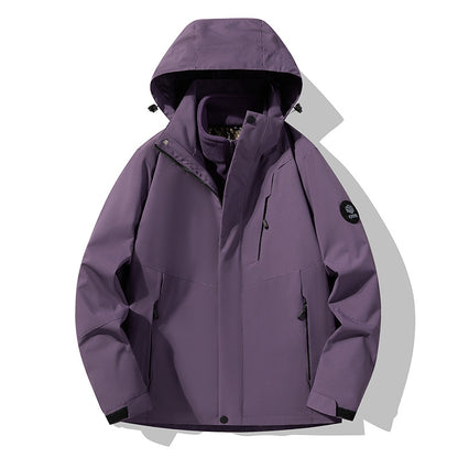 Men's three-layer breathable softshell trekking jacket with integrated fleece collar and adjustable hood EVA-US