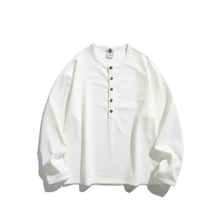 Unisex Waffle Knit Henley Shirt with Button Placket and Round Neck EVA-US