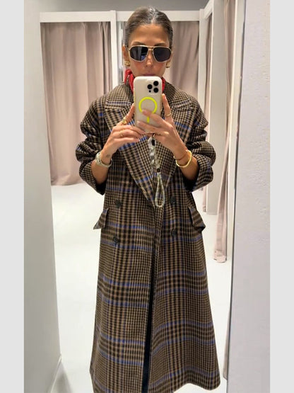 Women's Maxi Long Oversized Double-Breasted Coat with Enhanced Shoulder and Flap Pockets EVA-US