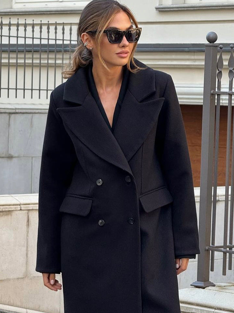 Women's Mid-length Double-breasted Wool Blend Coat with Distinctive Lapels and Tailored Fit EVA-US