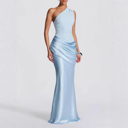 Women's Elegant One-Shoulder Maxi Dress with Refined Draping Details