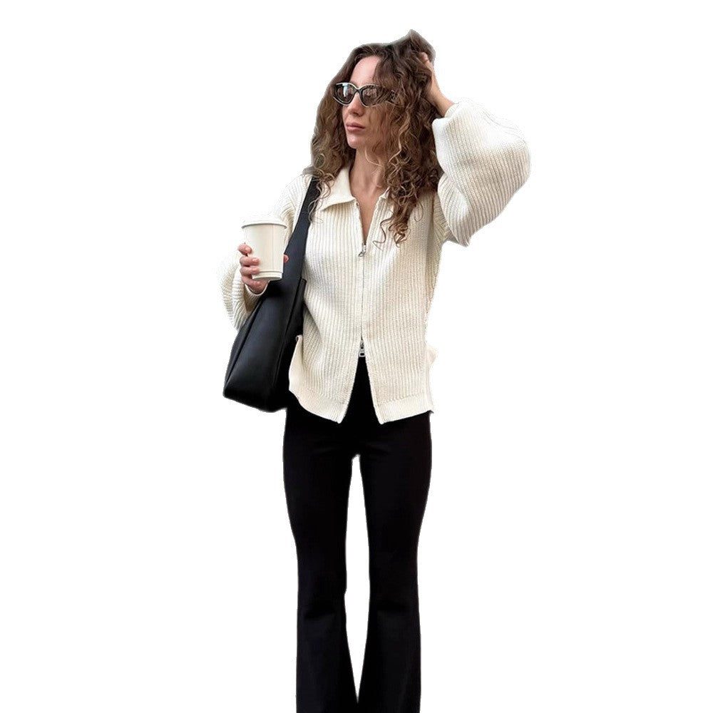 Women's Ribbed Cardigan with Zipper, Shirt Collar & Balloon Sleeves EVA-US