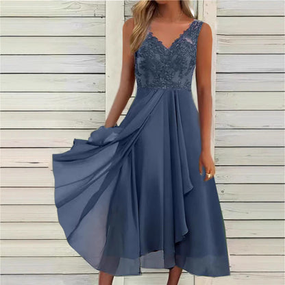 Women's elegant evening midi dress with embroidered lace bodice, tailored draping, and flowing layered skirt