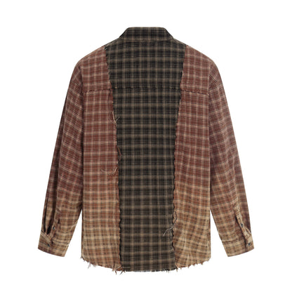 Men's Patchwork Flannel Overshirt with Frayed Edges EVA-US