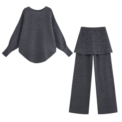 Ladies Two-Piece Knit Set with Oversized Sweater, Lace Pattern Mini Skirt and Wide Palazzo Pants EVA-US
