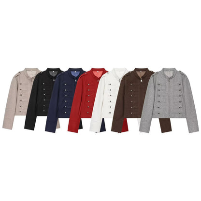 Women's Short Jacket Military-inspired Wool Blend Cropped Jacket with Stand Collar, Epaulettes and Decorative Button Placket EVA-US