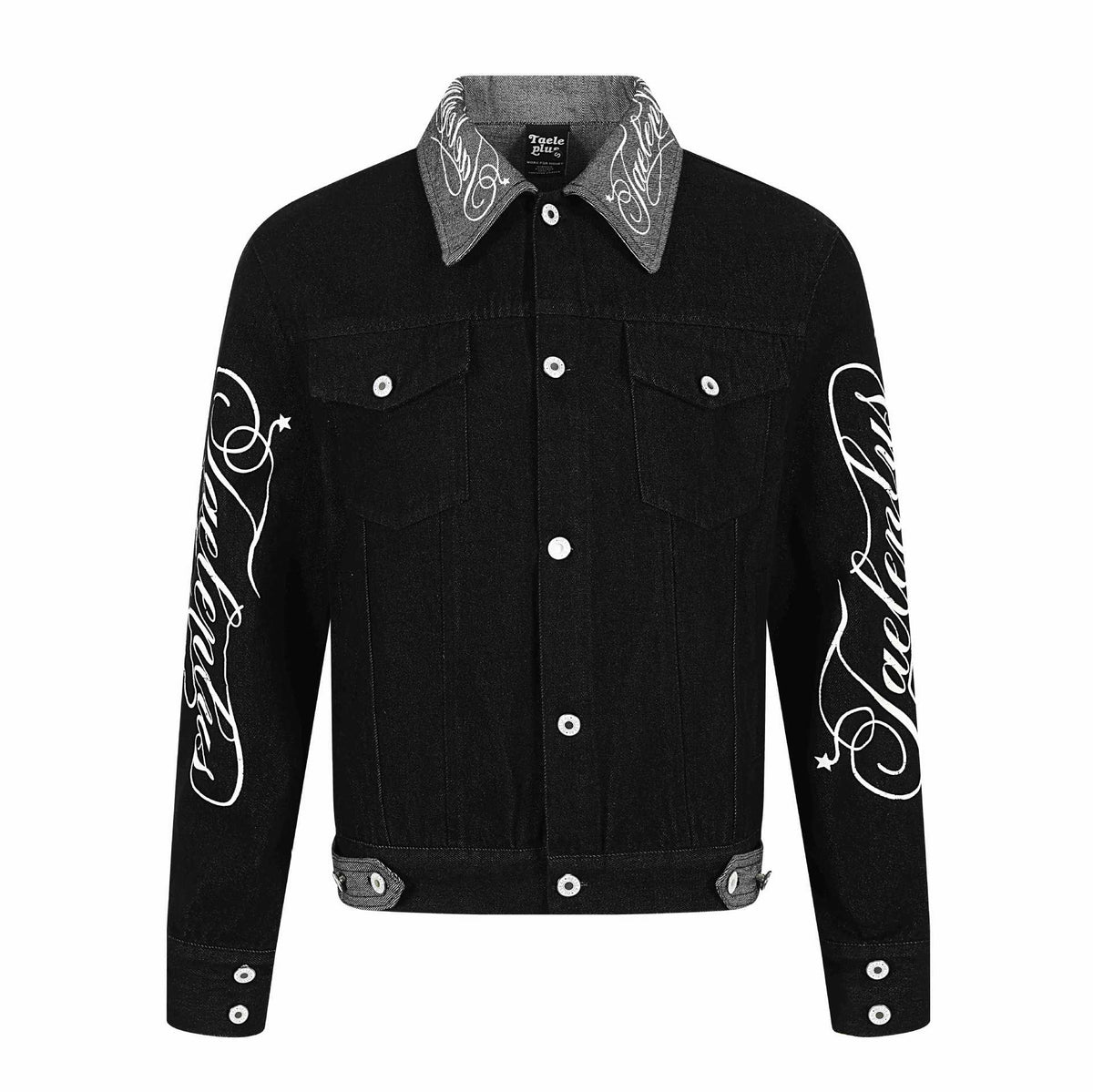 Men's denim blouson jacket with contrast collar and graphic sleeve prints EVA-US