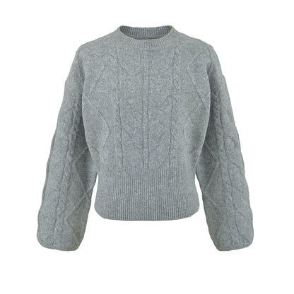 Women's Short Cable Knit Sweater with Fitted Ribbed Cuffs EVA-US