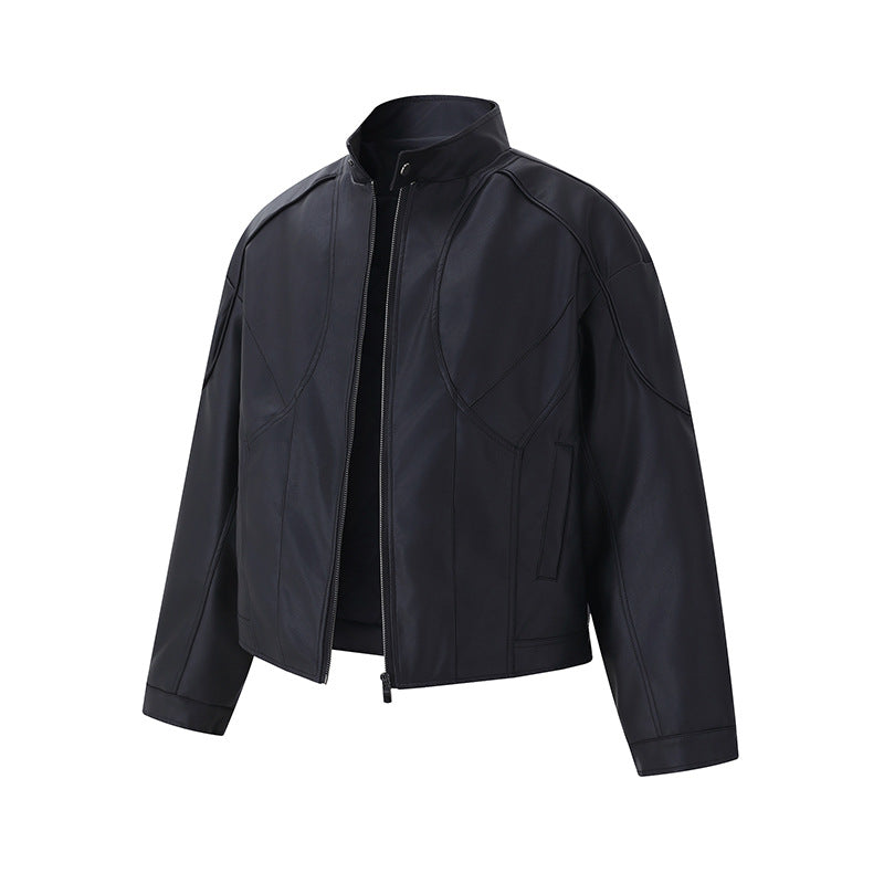 Men's Short Boxy Mock-Leather Jacket with Geometric Seam Design EVA-US