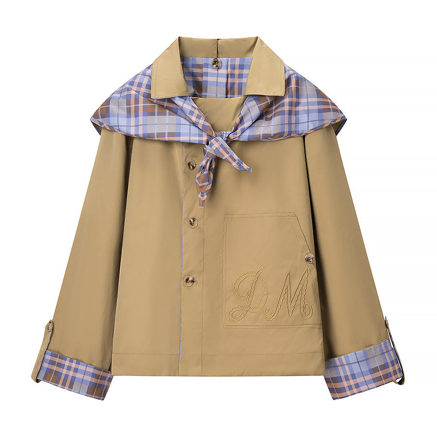 Women's Short Jacket with Removable Check Scarf Collar and Embroidered Patch Pocket EVA-US