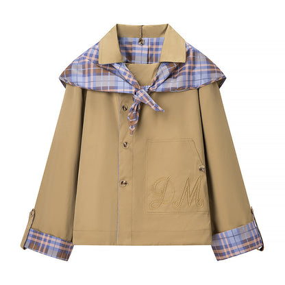 Women's Short Jacket with Removable Check Scarf Collar and Embroidered Patch Pocket EVA-US