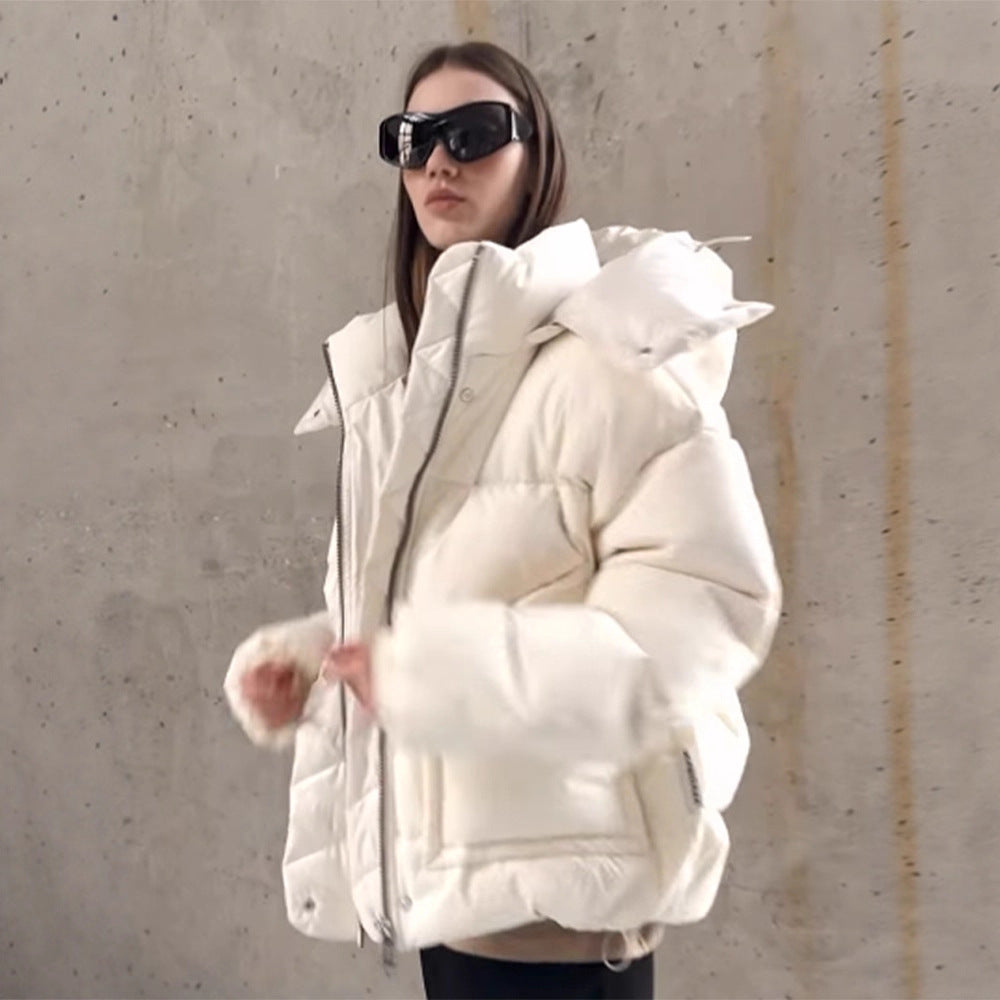 Women Oversized Padded Puffer Jacket with extra high Stand-Up Collar, double front zipper and boxy silhouette EVA-US