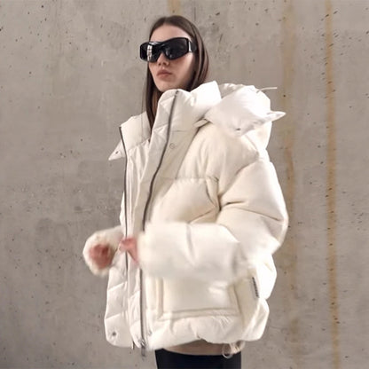 Women Oversized Padded Puffer Jacket with extra high Stand-Up Collar, double front zipper and boxy silhouette EVA-US