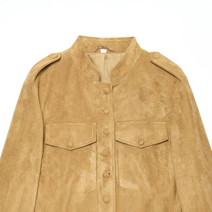 Women's Suede Jacket in Military Style with Stand-Up Collar EVA-US