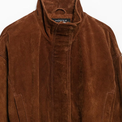 Women’s waist-hugging suede leather trench coat with stand-up collar and wide tie belt EVA-US