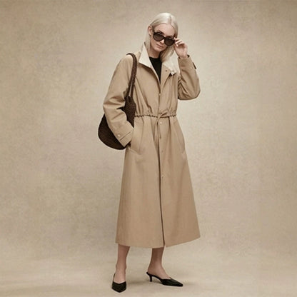 Women's Tailored Coat in Trench Coat Style with Drawstring Waist and Contrast Collar EVA-US