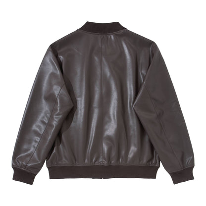 Men's smooth leather bomber jacket with concealed front and elastic ribbed cuffs