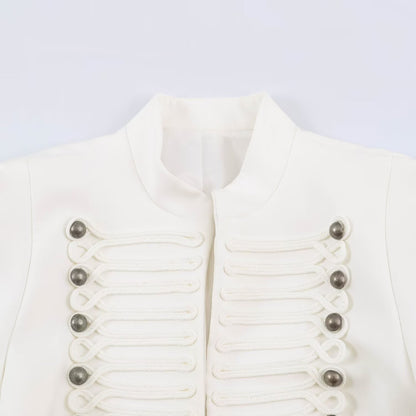 Women Short Cut Military Blazer with Stand Collar, Decorative Cords and Structured Silhouette EVA-US