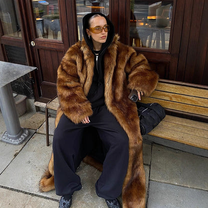 Women's Oversize Faux Fur Coat with Hood and Luxurious Fur Look EVA-US