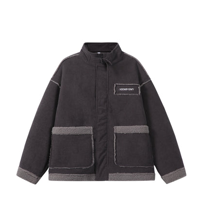 Unisex Short-cut Cord Jacket with Teddy Trim and Funnel Neck EVA-US