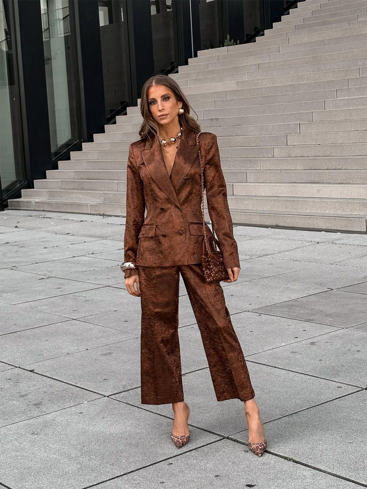 Women's Double-Breasted Velvet Blazer and Cropped Pants Co-Ord Set EVA-US
