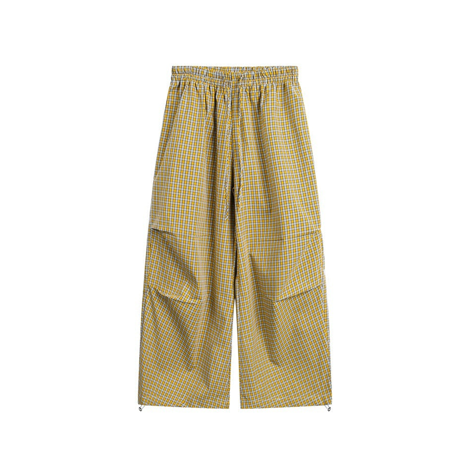 Women's loose cotton pants with elastic waistband, check pattern and adjustable hem drawstring EVA-US