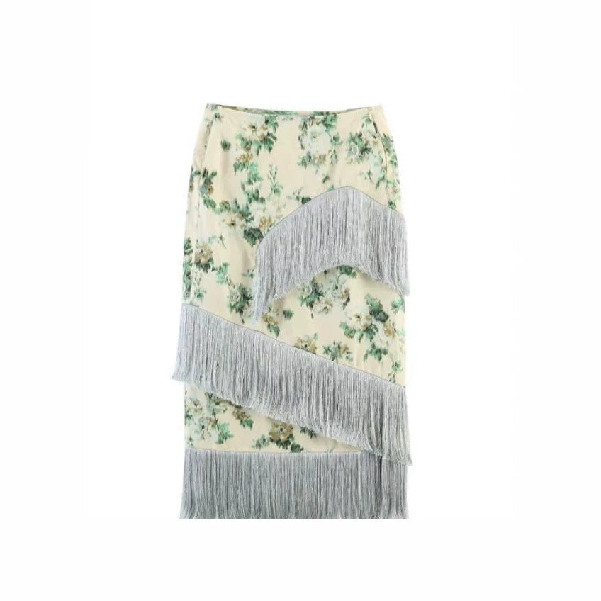 Women's floral printed midi skirt with diagonal fringed trim and slim silhouette EVA-US