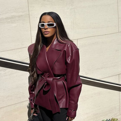 Women Tailored Faux Leather Blouson with Tie Belt and Voluminous Shoulder Section EVA-US