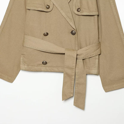 Women Cropped Trench Cape Jacket with double-breasted button placket, shoulder patches and tie belt EVA-US