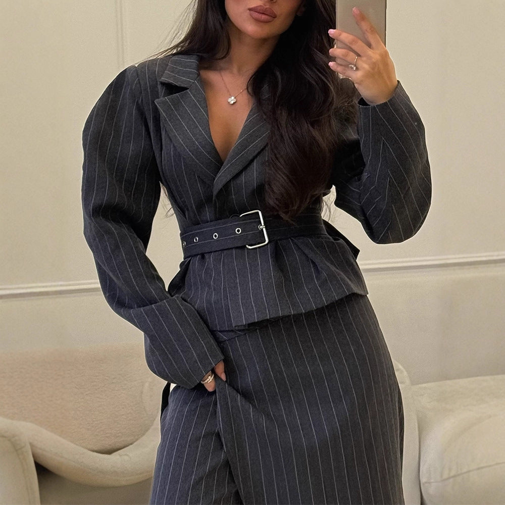 Women's Tailored Pinstriped Blazer with Shoulder-Emphasizing Balloon Sleeves and Waist Belt EVA-US