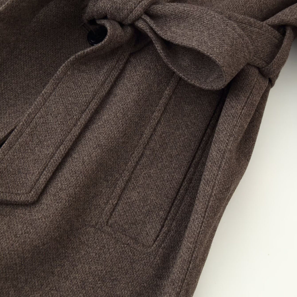 Ladies Mid-length Wool Blend Coat with Stand Collar, Asymmetric Button Placket and Waist Belt EVA-US