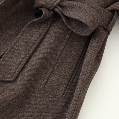Ladies Mid-length Wool Blend Coat with Stand Collar, Asymmetric Button Placket and Waist Belt EVA-US