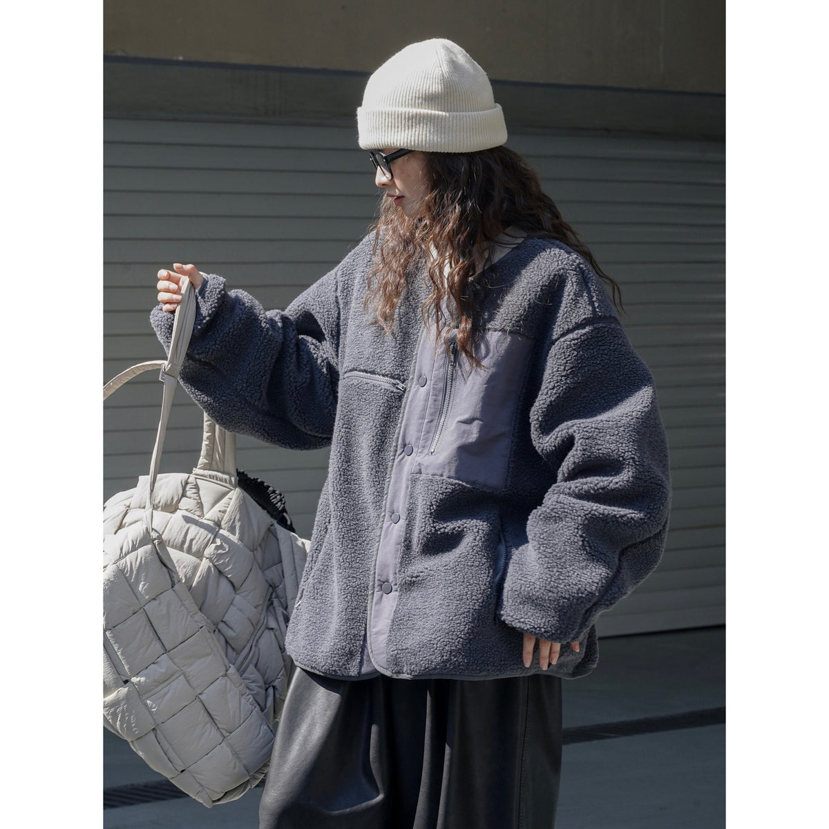 Women's Padded Teddy Fleece Jacket with Contrasting Front Panel and Patch Pockets EVA-US