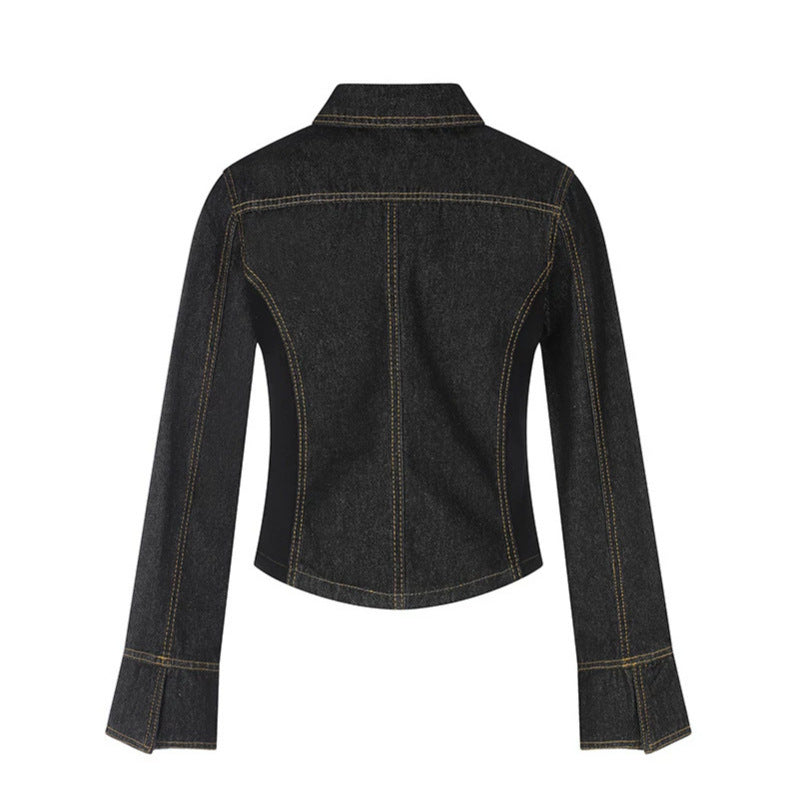 Women's tailored cropped denim jacket with shaping seams, chest patches, and decorative buttons EVA-US